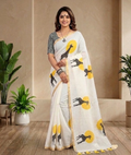 Ivory Moonlight Semi Linen Saree with Sun-Kissed Giraffe Digital Prints