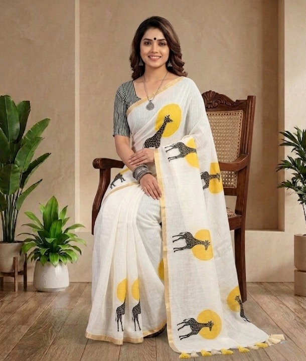 Ivory Moonlight Semi Linen Saree with Sun-Kissed Giraffe Digital Prints