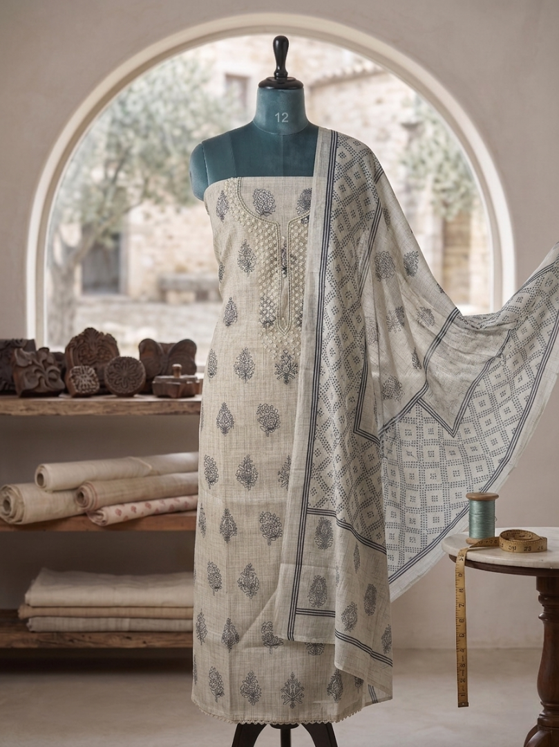 Artisanal Beige Linen Cotton Suit Set with Hand-Embroidered Yoke & Bandhani Dupatta
