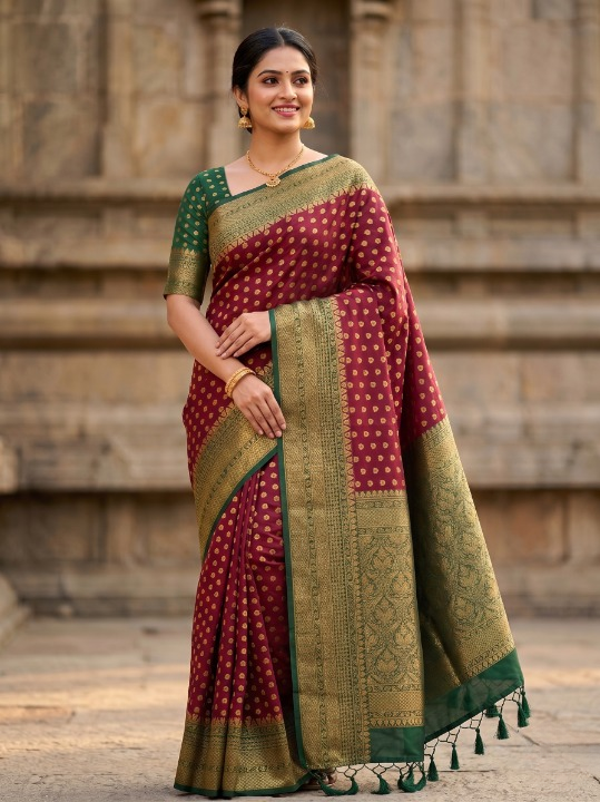 Deep Maroon & Bottle Green Gold Zari Semi-Banarasi Silk Blend Saree