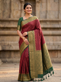 Deep Maroon & Bottle Green Gold Zari Semi-Banarasi Silk Blend Saree