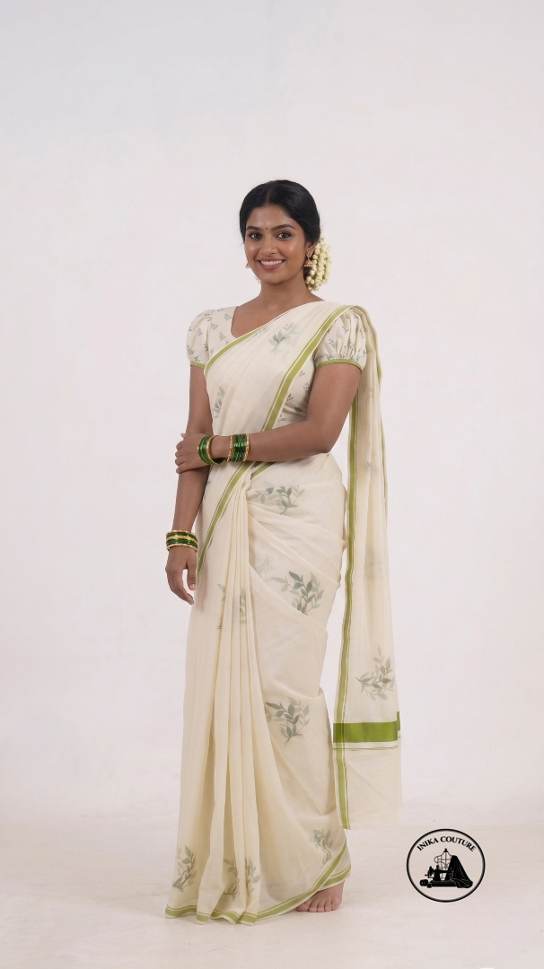 Ivory Cream & Leaf Green Soft Cotton Kasavu Saree with Botanical Leaf Prints