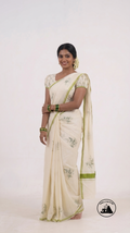 Ivory Cream & Leaf Green Soft Cotton Kasavu Saree with Botanical Leaf Prints