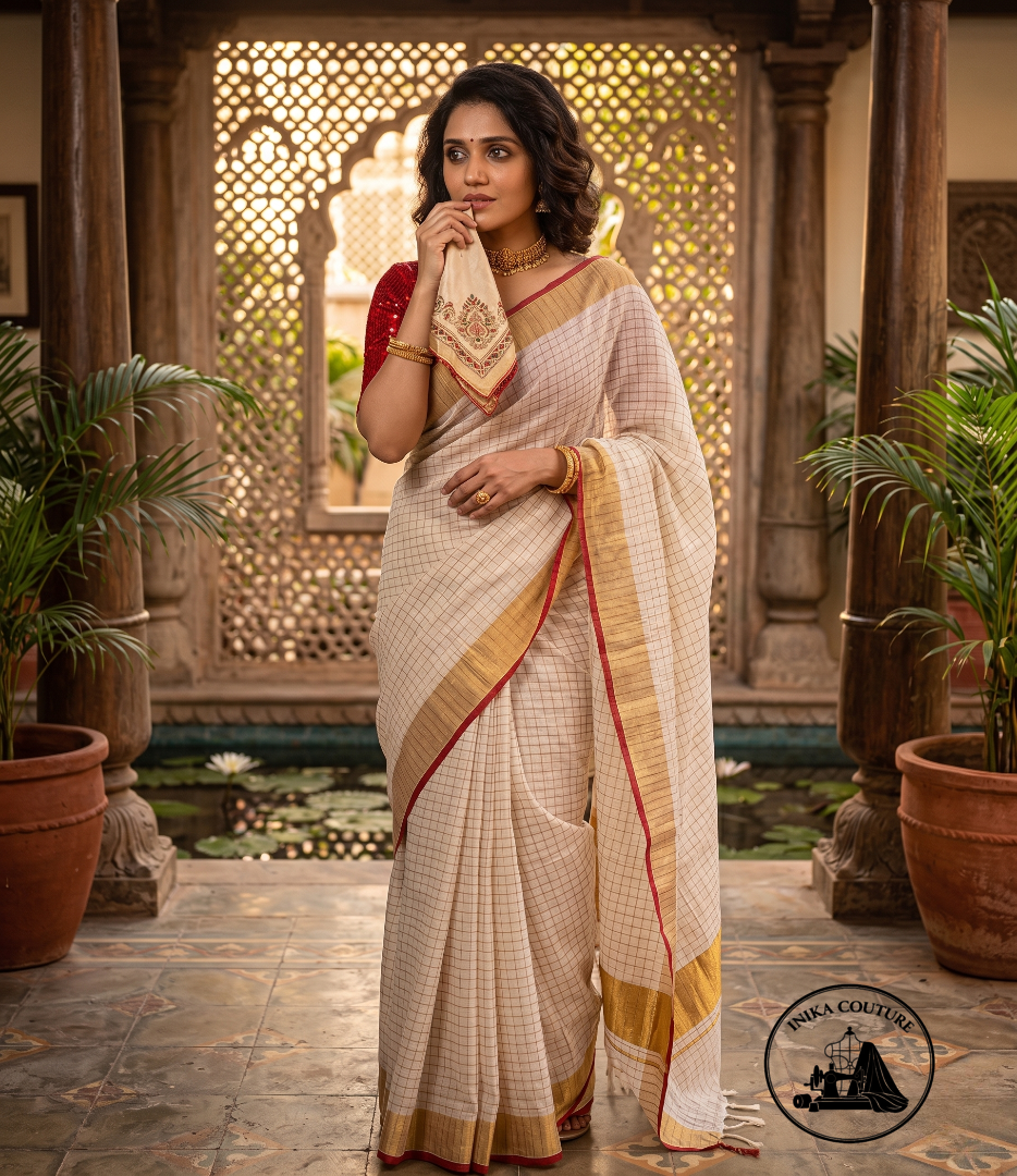 Ivory Grid Linen Cotton Kerala Saree with Rich Golden Zari & Crimson Piping
