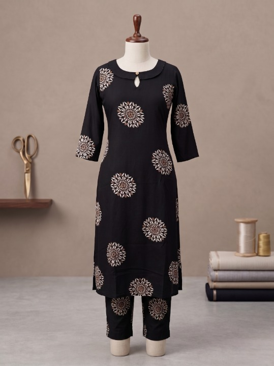 Jet Black & Beige Mandala Printed Rayon 2-Piece Set