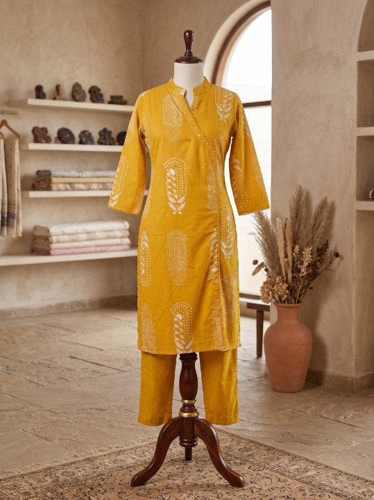 Mustard Yellow & White Printed Mul Cotton 2-Piece Set