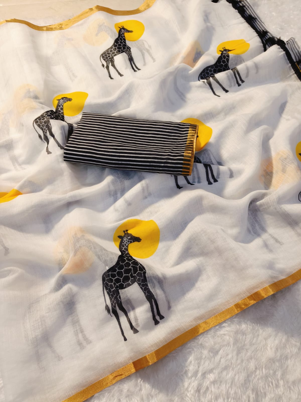 Ivory Moonlight Semi Linen Saree with Sun-Kissed Giraffe Digital Prints