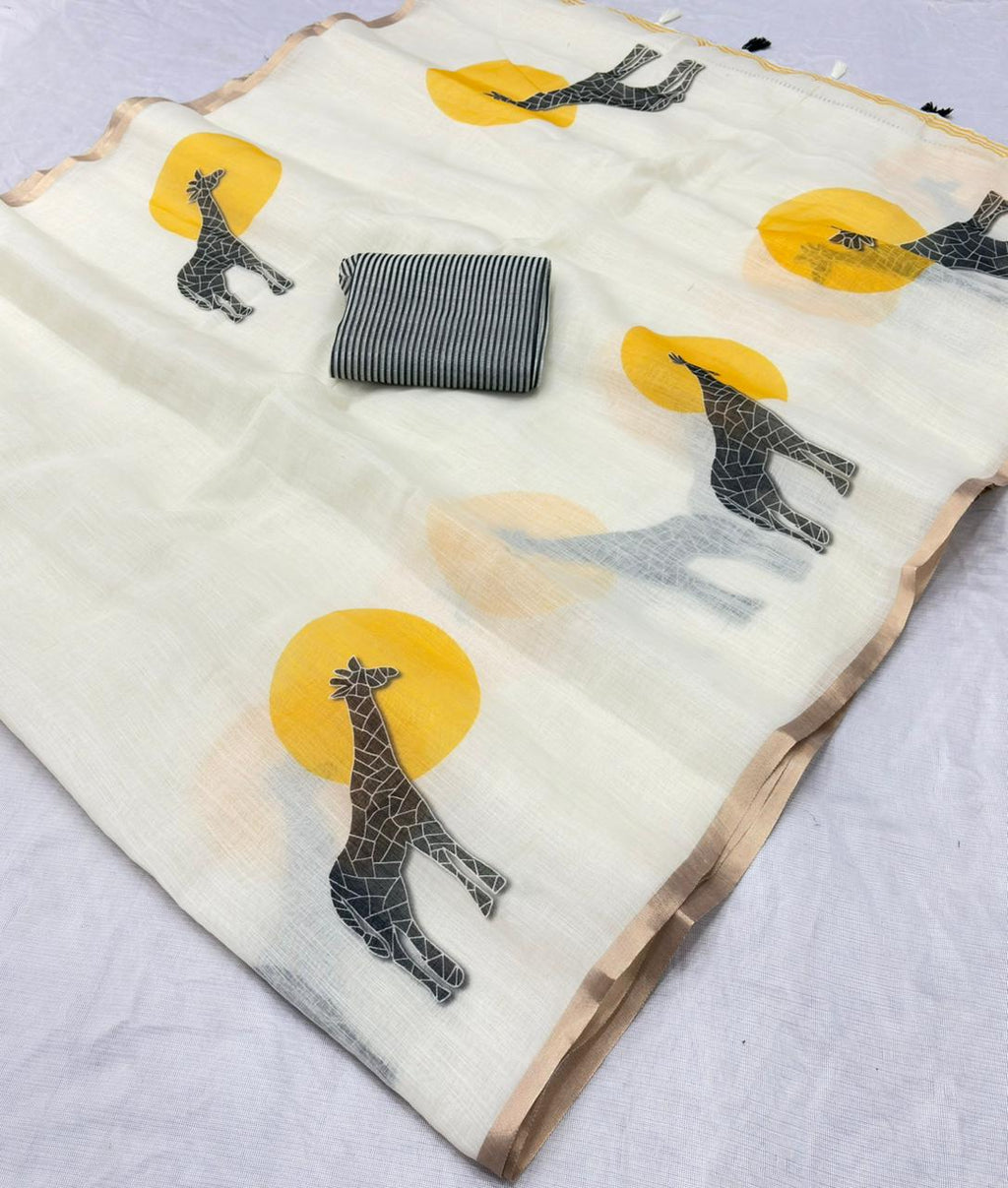 Ivory Moonlight Semi Linen Saree with Sun-Kissed Giraffe Digital Prints
