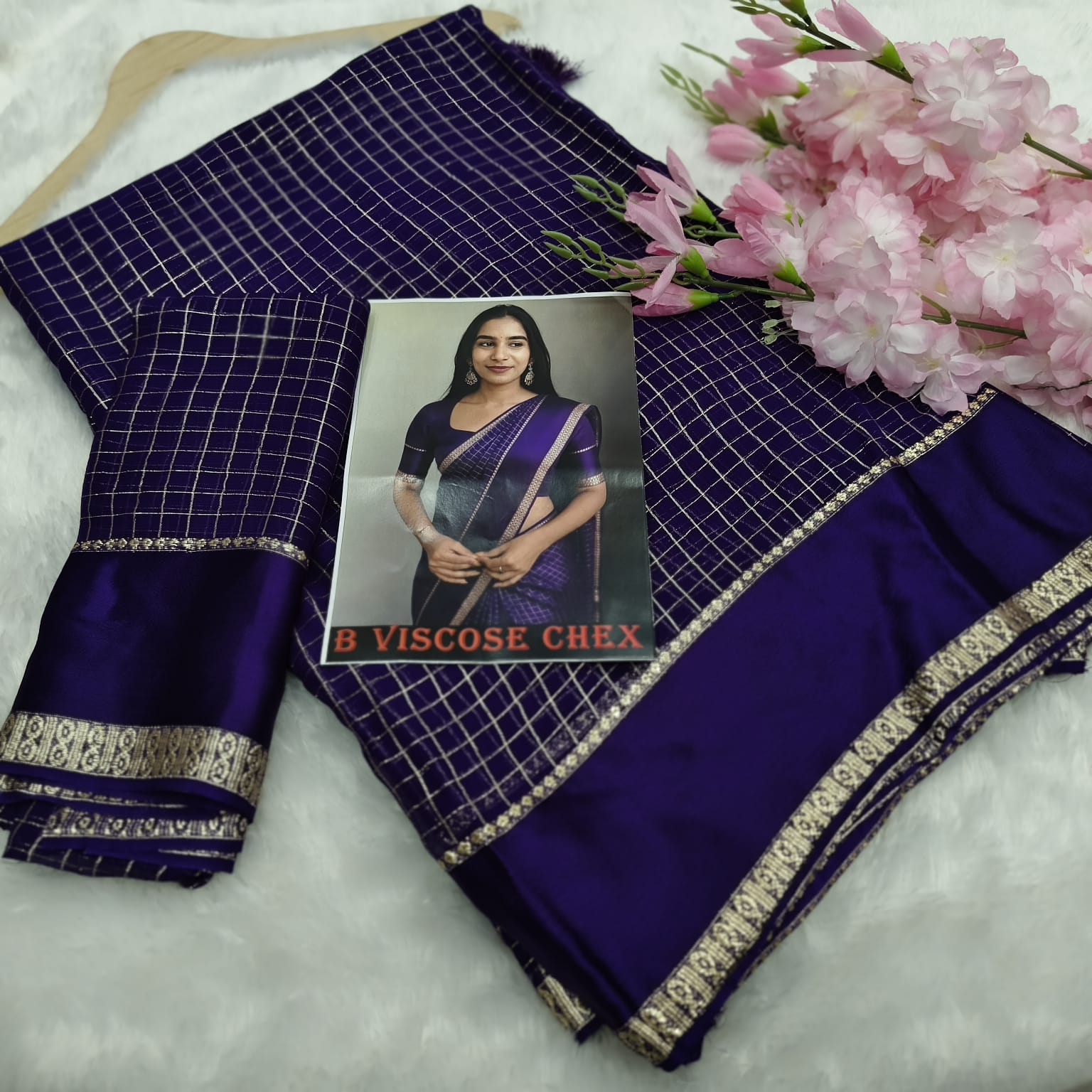 Premium Viscose Saree with Zari Checks & Satin Border
