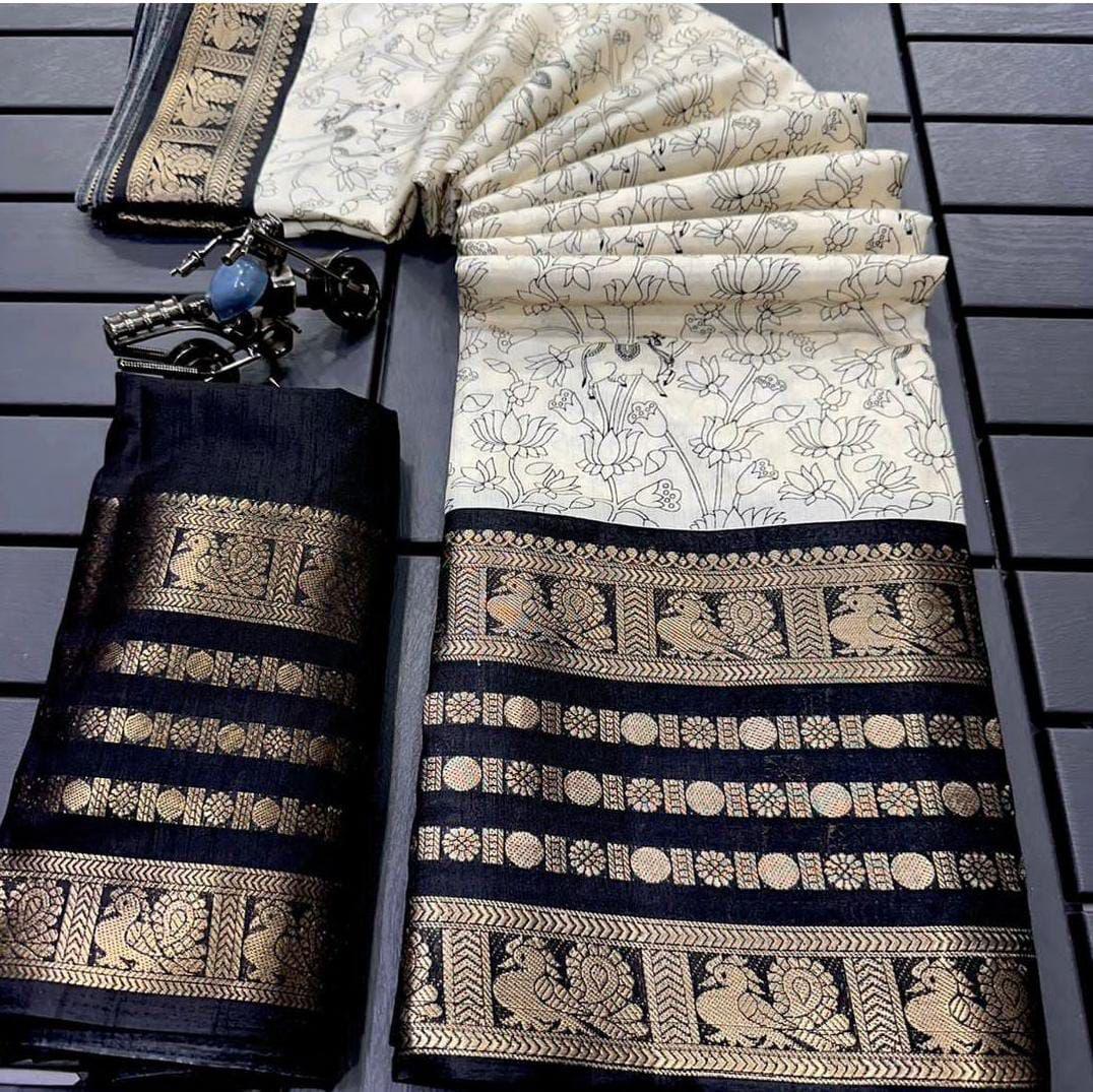 Ivory Moonlight & Jet Black Dola Silk Saree with Heritage Penkari Prints