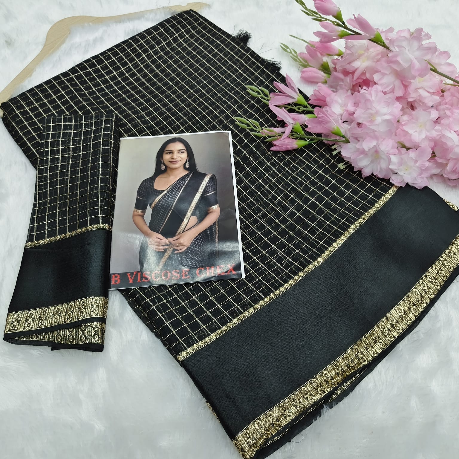 Premium Viscose Saree with Zari Checks & Satin Border