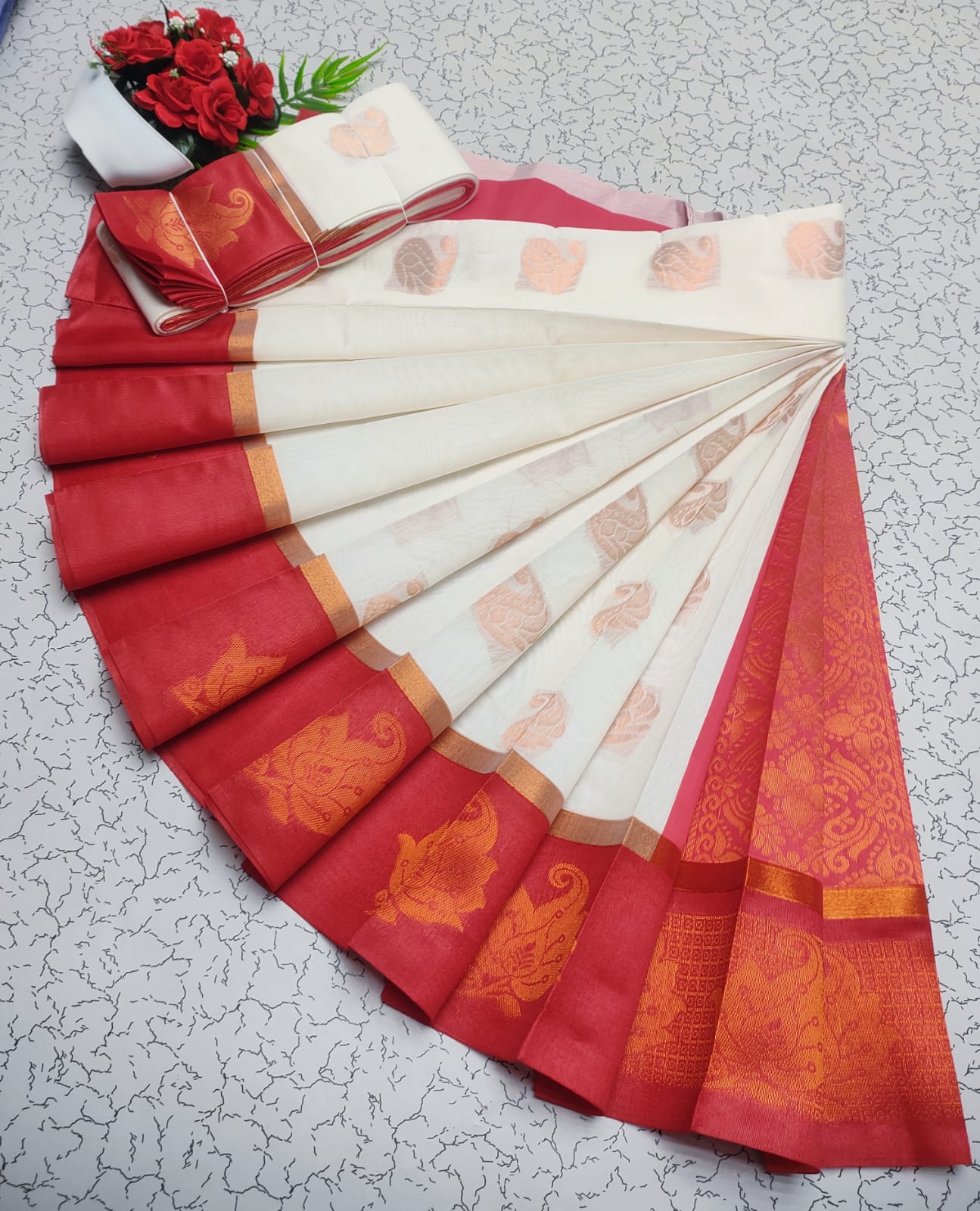 Ivory Cream & Crimson Red Cotton Silk Saree with Rich Zari Annapakshi Motifs