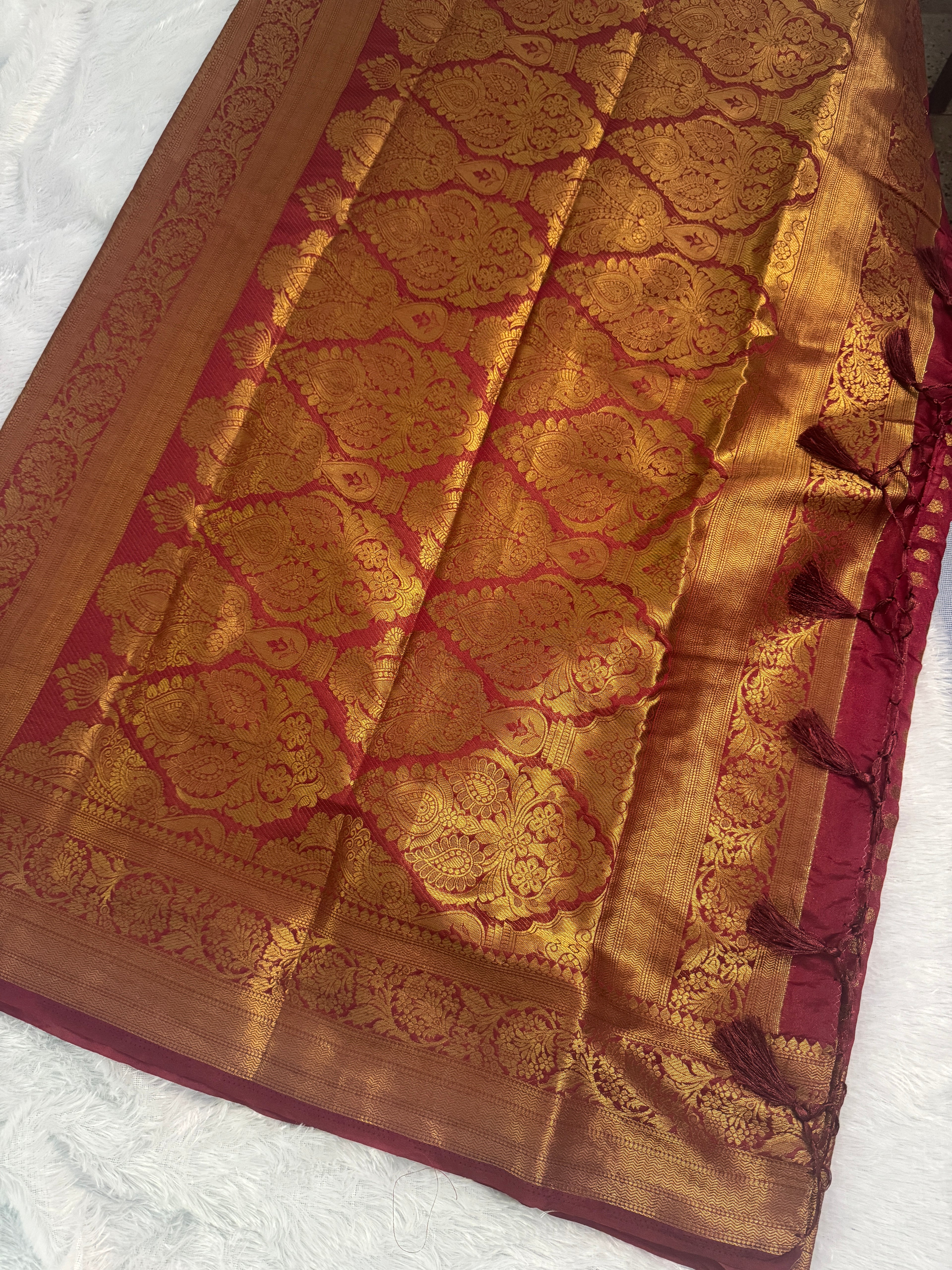 Deep Burgundy & Gold Zari Brocade Semi-Banarasi Silk Blend Saree