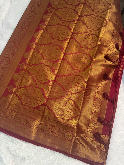 Deep Burgundy & Gold Zari Brocade Semi-Banarasi Silk Blend Saree