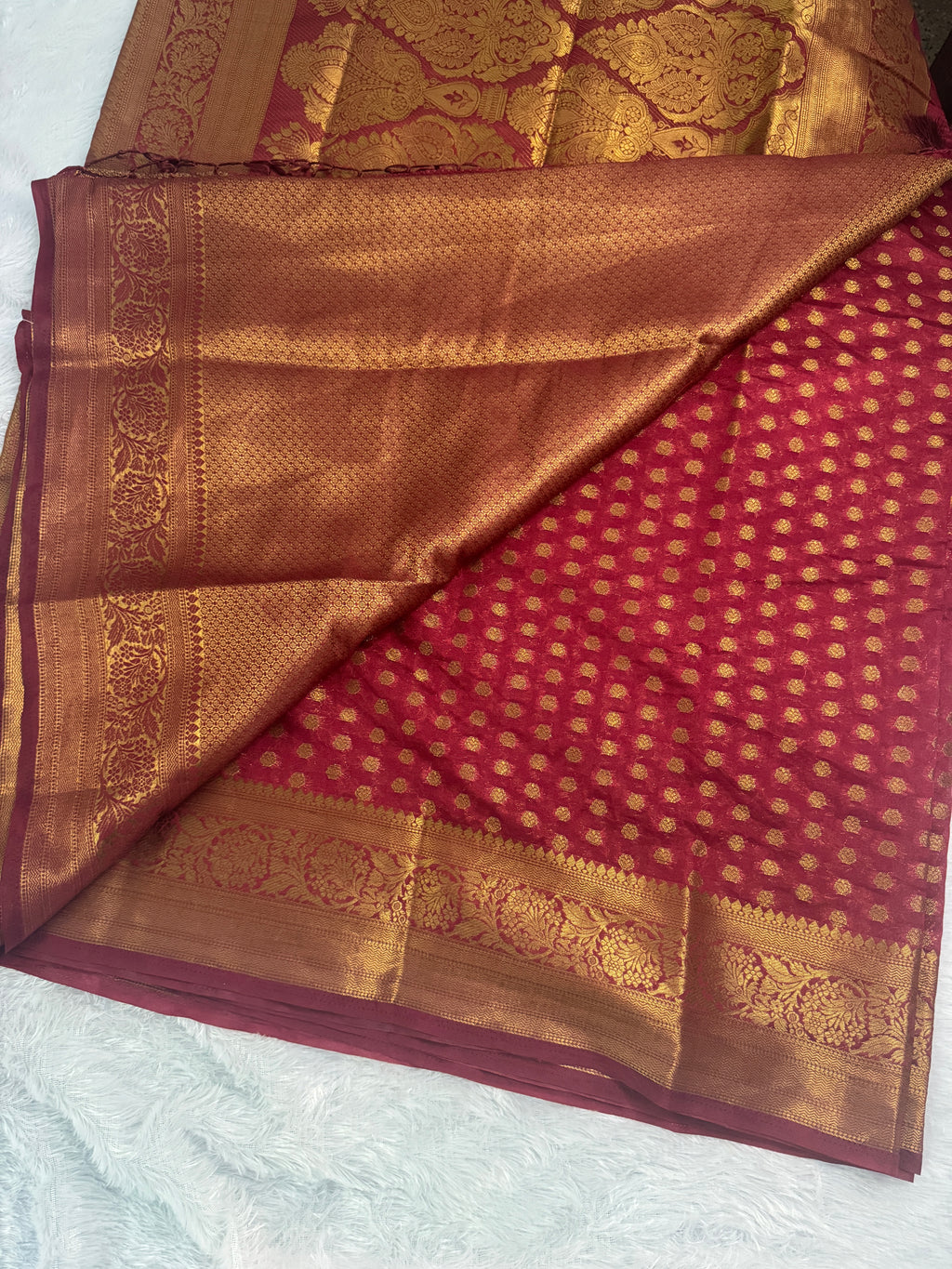Deep Burgundy & Gold Zari Brocade Semi-Banarasi Silk Blend Saree