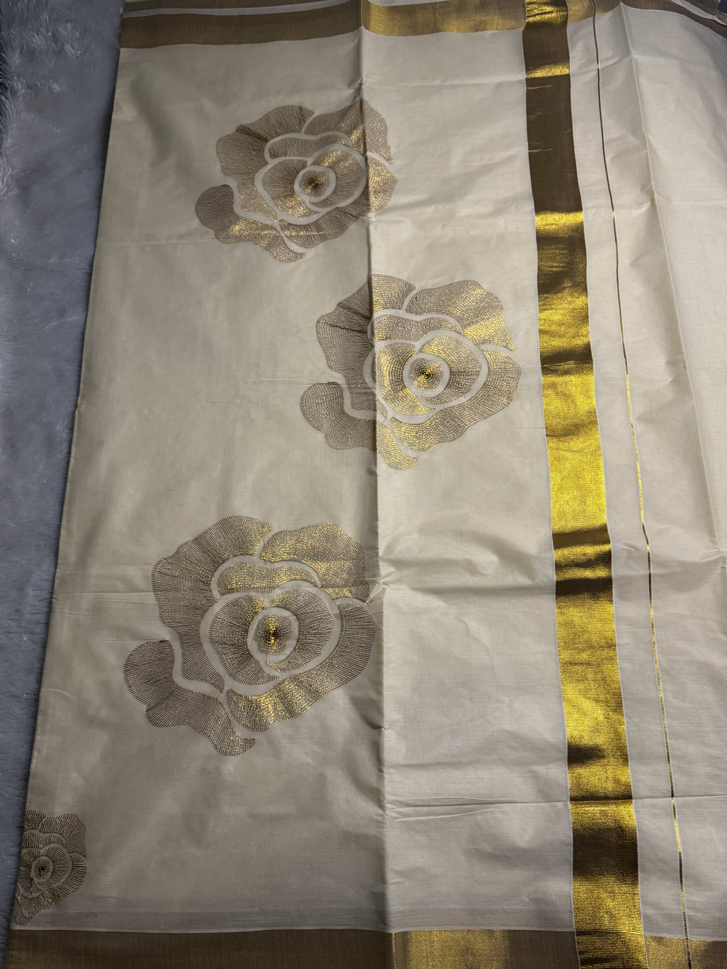 Pristine Ivory Kerala Cotton Saree with Gilded Rose Motifs