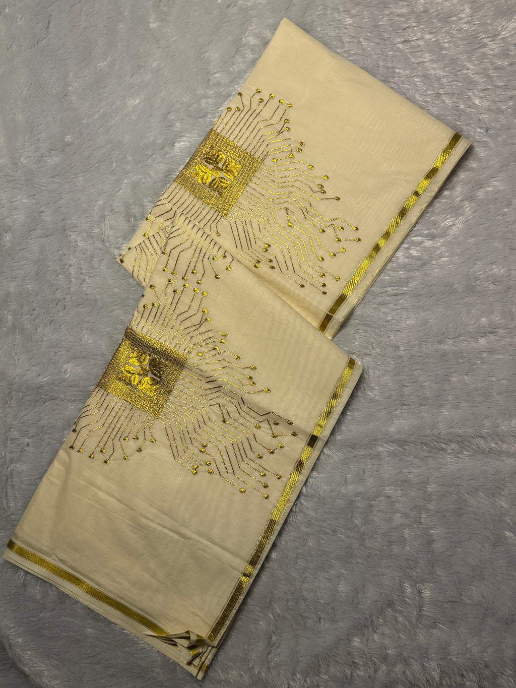 Ivory Cream Kerala Cotton Saree with Futuristic Golden Zari Matrix Motifs