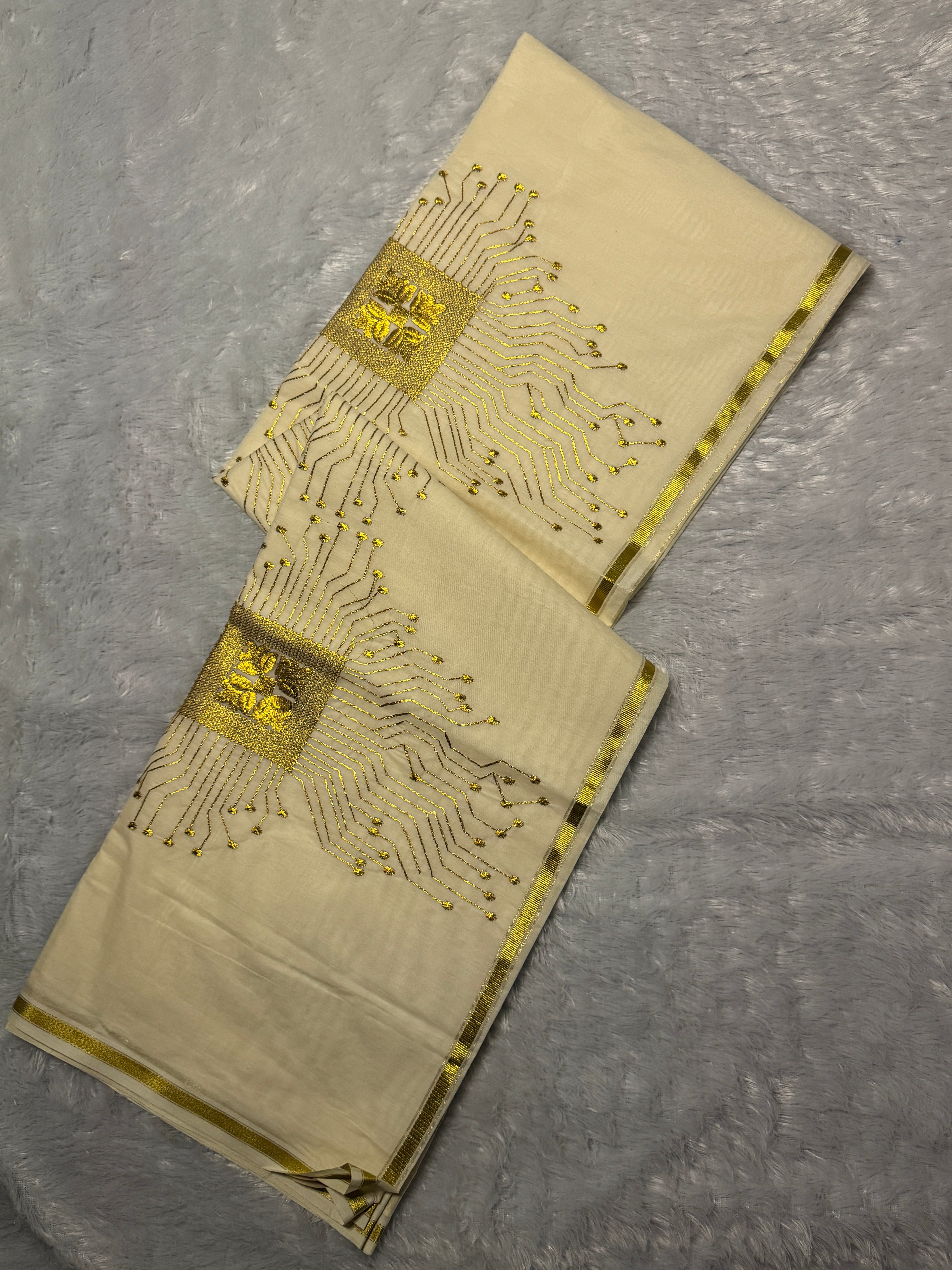 Ivory Cream Kerala Cotton Saree with Futuristic Golden Zari Matrix Motifs