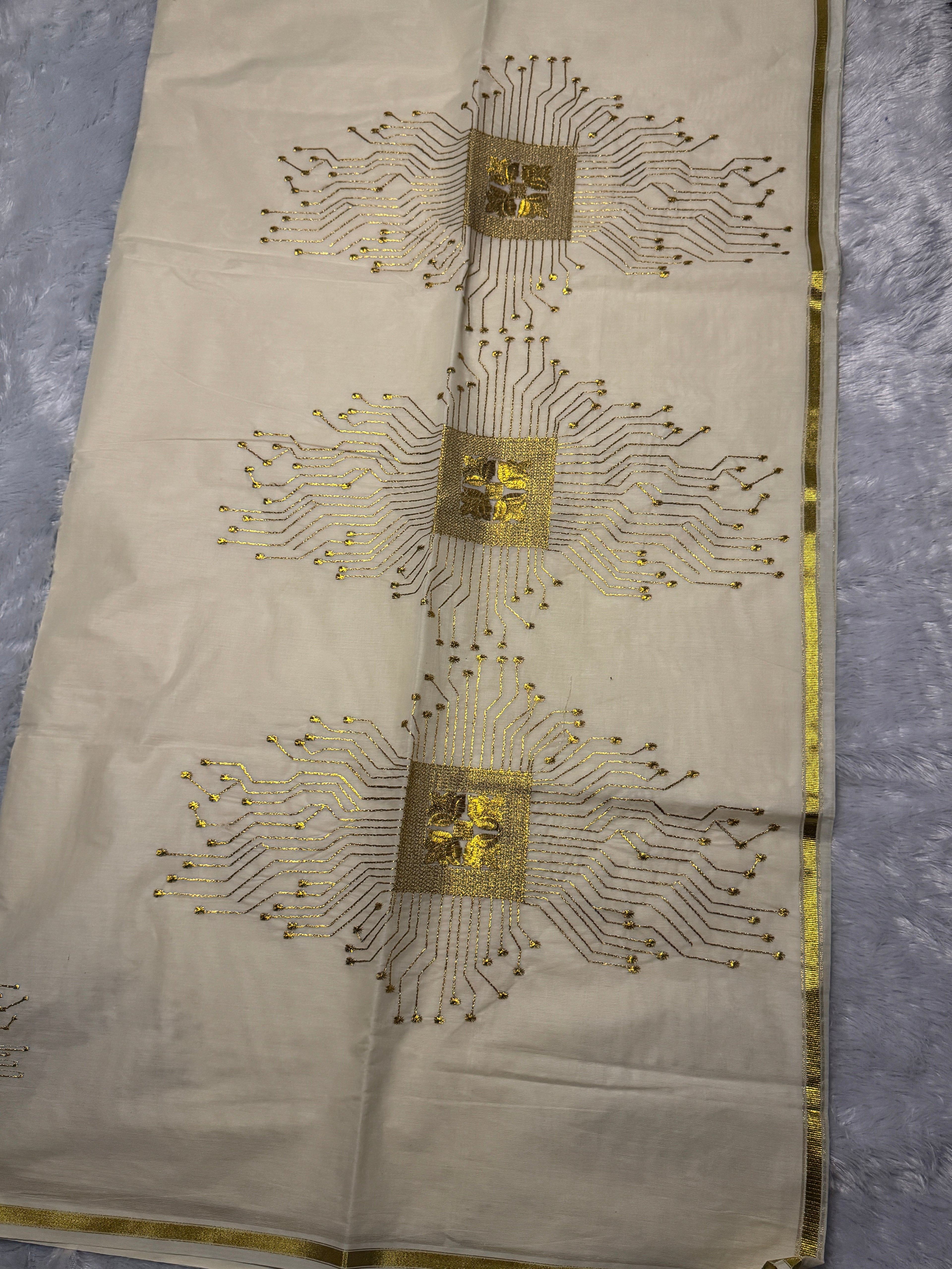 Ivory Cream Kerala Cotton Saree with Futuristic Golden Zari Matrix Motifs