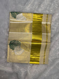 Gilded Shimmer Tissue Kerala Saree with Metallic Tri-Leaf Embroidery