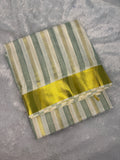 Ivory Cream & Forest Green Cotton Kerala Saree with Linear Zari Stripes