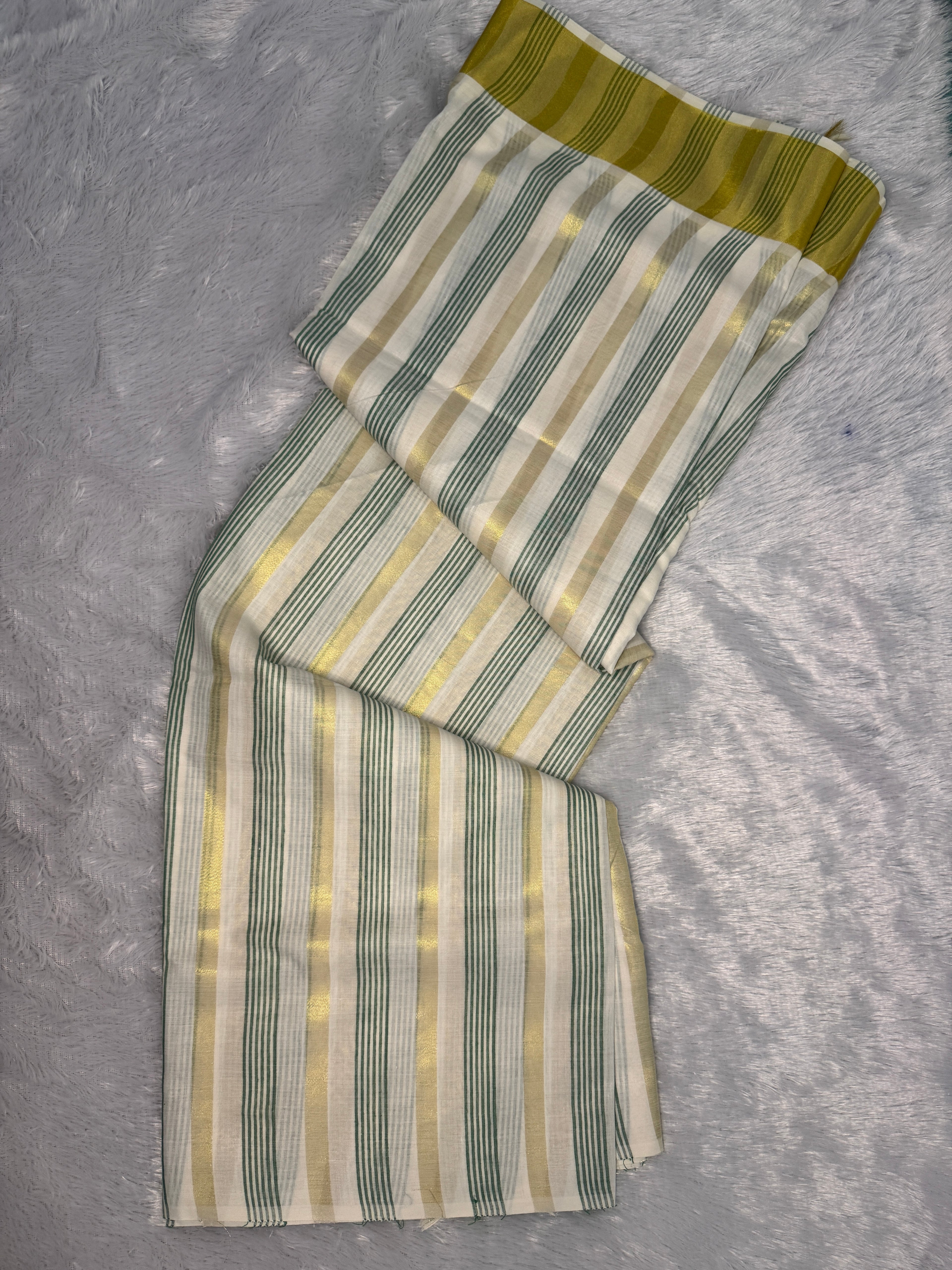 Ivory Cream & Forest Green Cotton Kerala Saree with Linear Zari Stripes