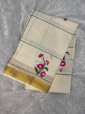 Artisanal Cream Cotton Saree with Green Windowpane Checks & Magenta Floral Embroidery