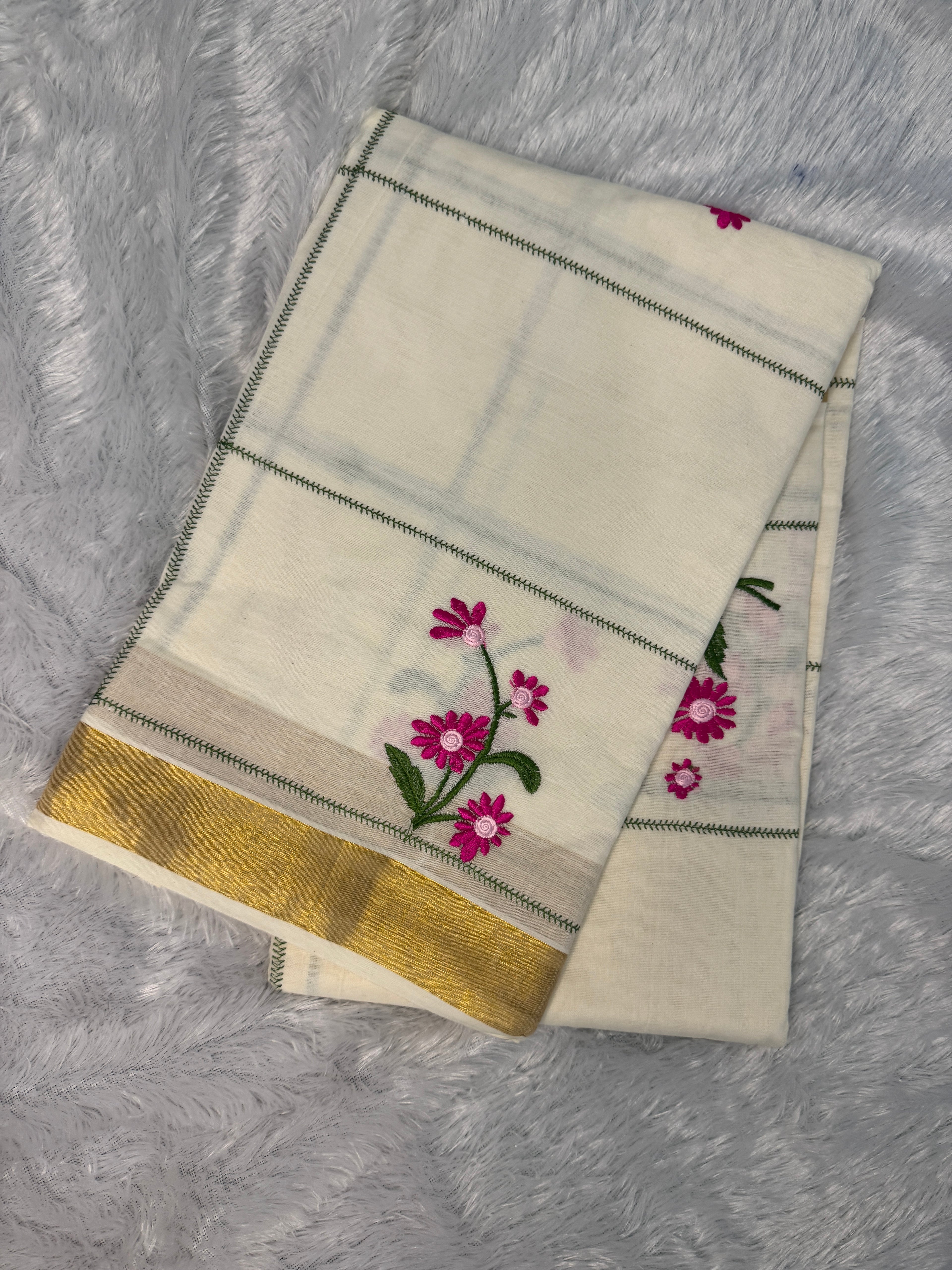Artisanal Cream Cotton Saree with Green Windowpane Checks & Magenta Floral Embroidery