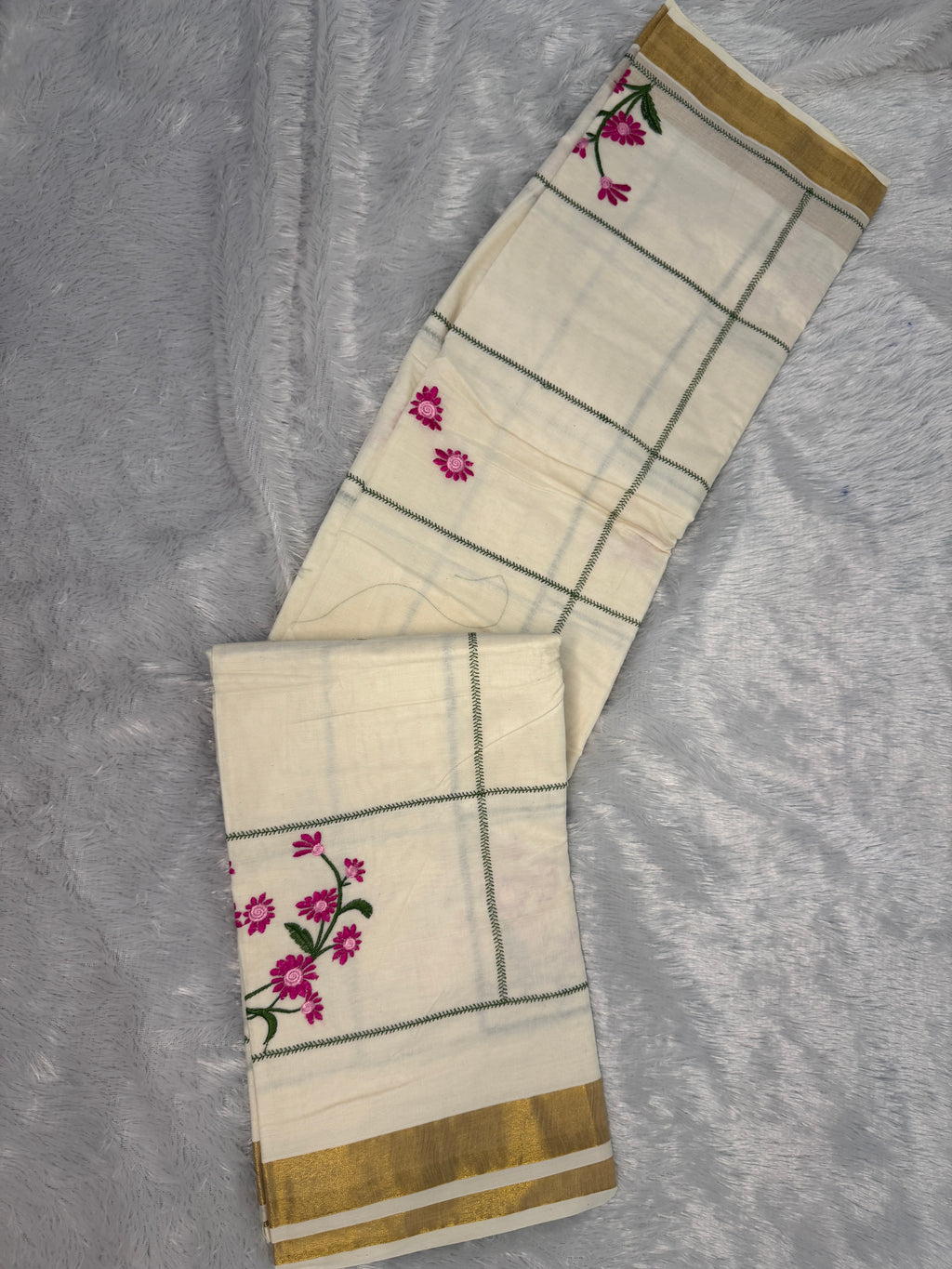 Artisanal Cream Cotton Saree with Green Windowpane Checks & Magenta Floral Embroidery