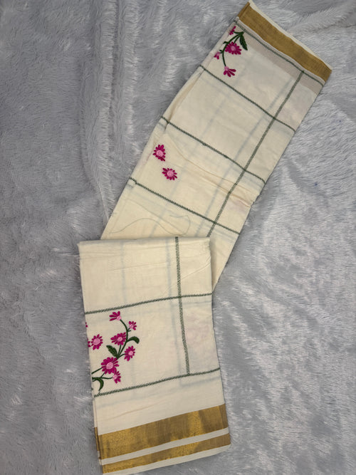 Artisanal Cream Cotton Saree with Green Windowpane Checks & Magenta Floral Embroidery