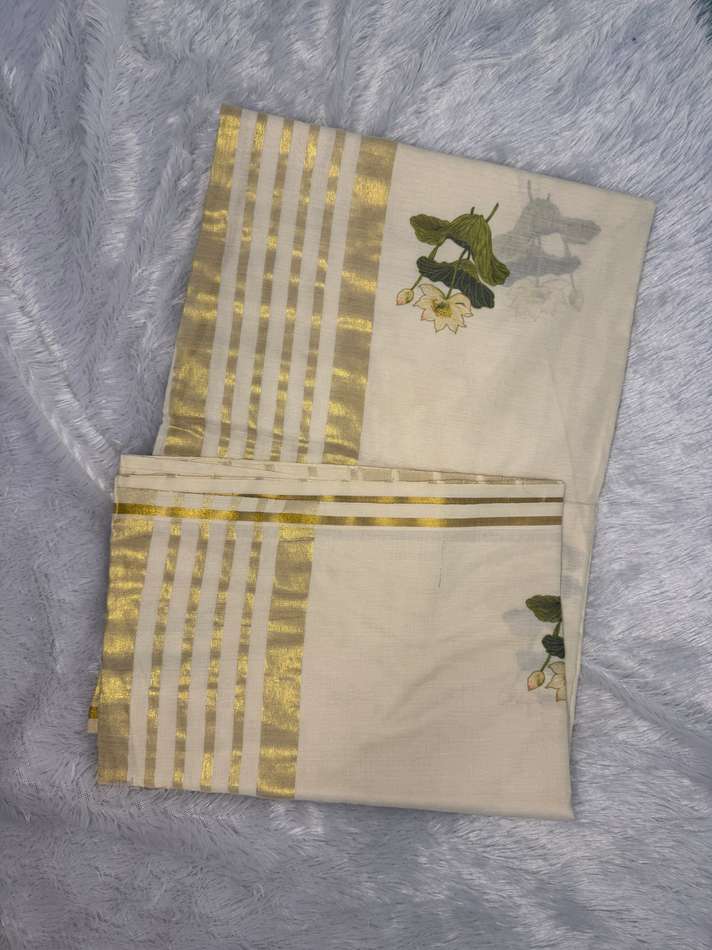 Pristine Ivory Kerala Cotton Saree with Serene Lotus Blooms & Multi-Stripe Kasavu
