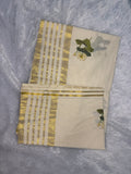 Pristine Ivory Kerala Cotton Saree with Serene Lotus Blooms & Multi-Stripe Kasavu