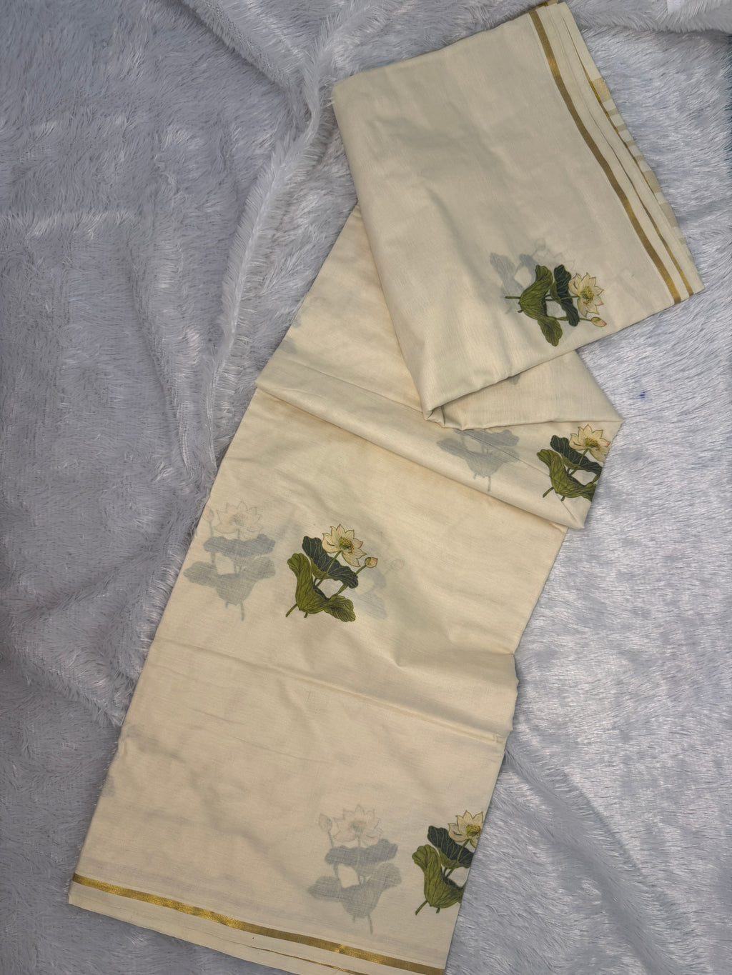 Pristine Ivory Kerala Cotton Saree with Serene Lotus Blooms & Multi-Stripe Kasavu