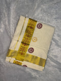 Ivory Zari-Stripe Cotton Kerala Saree with Maroon & Mustard Sunburst Motifs