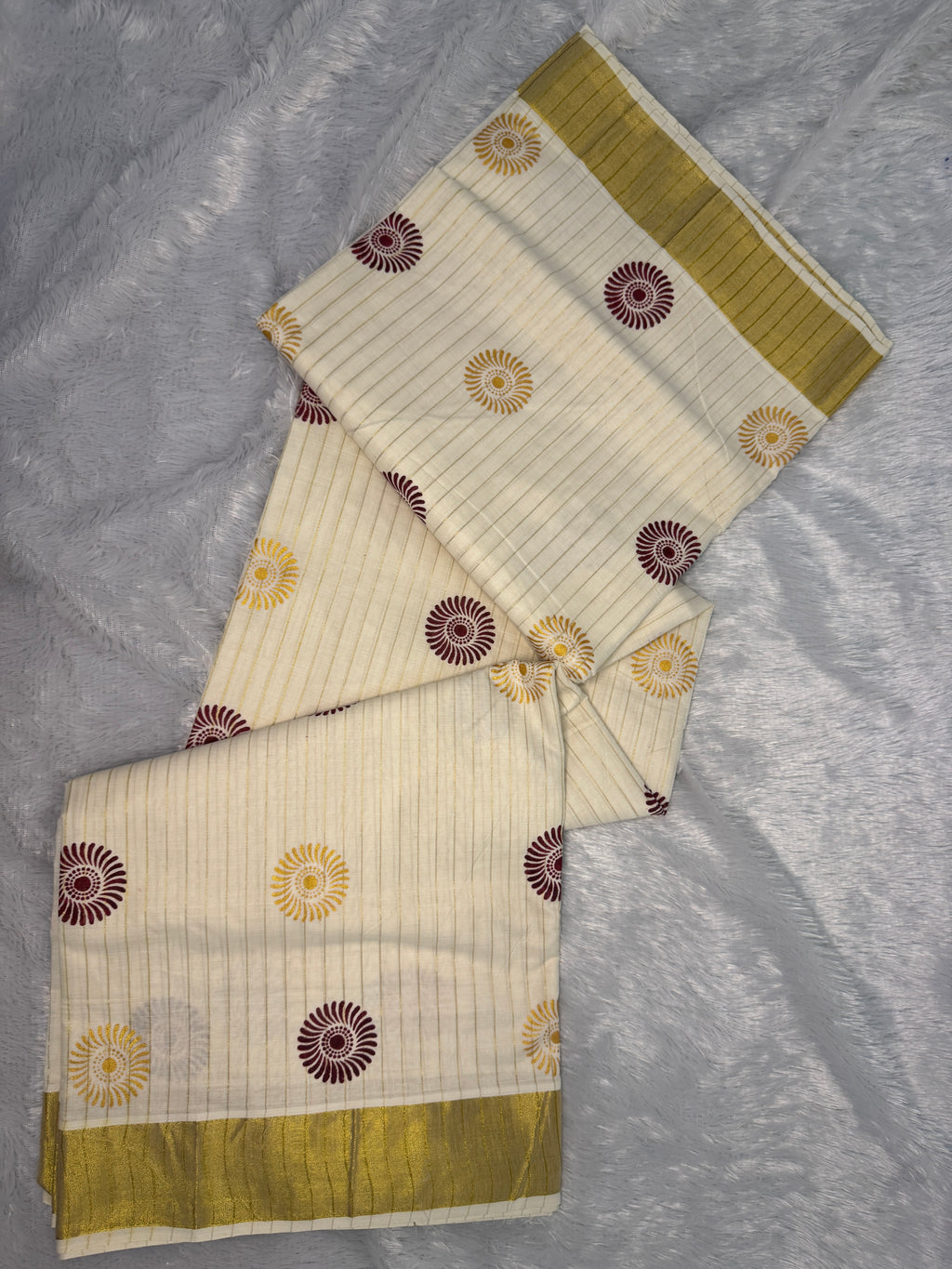 Ivory Zari-Stripe Cotton Kerala Saree with Maroon & Mustard Sunburst Motifs