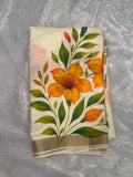 Ivory Mul Chanderi Kerala Saree with Fiery Orange Lily Prints & Golden Kasavu