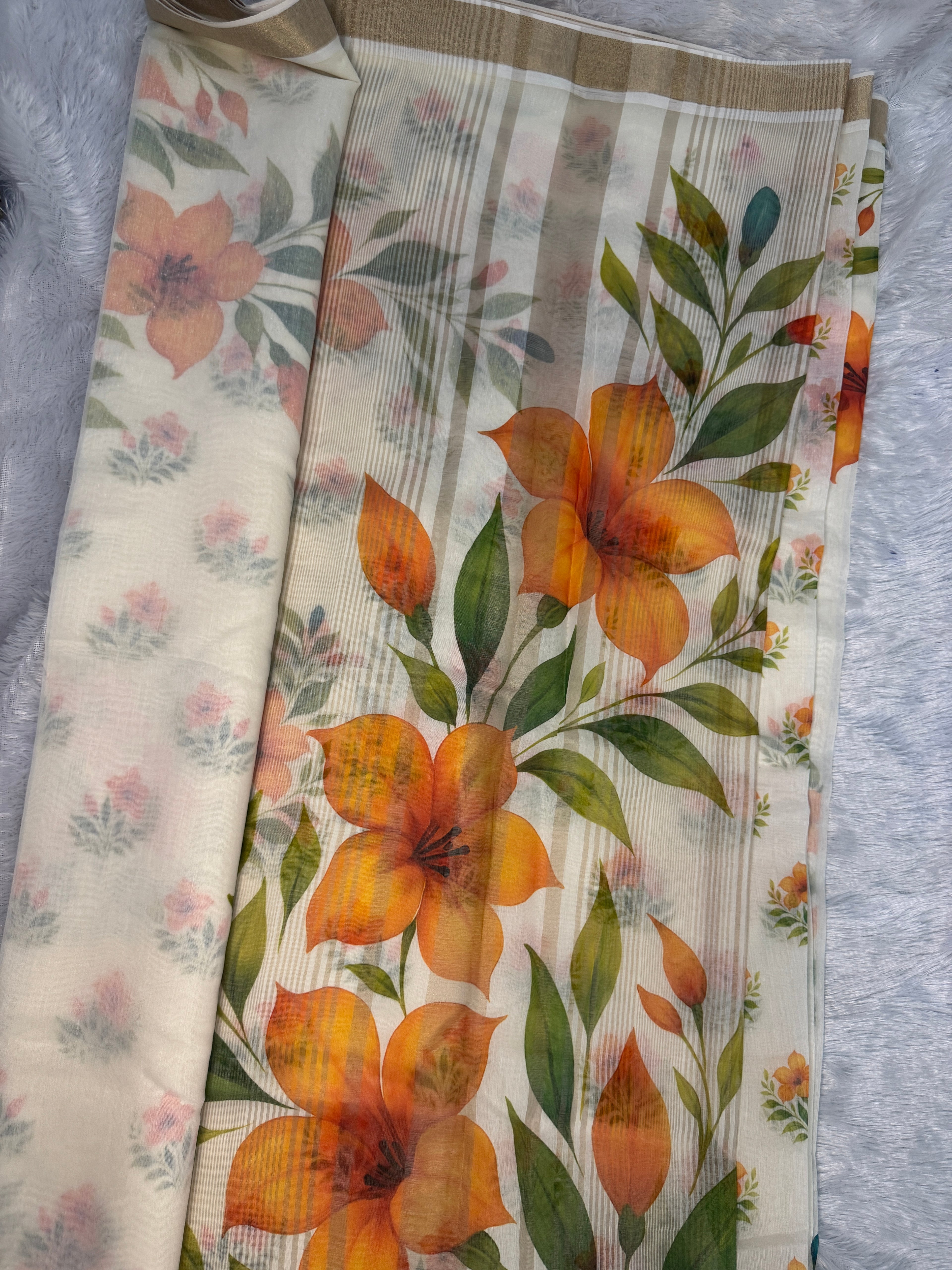 Ivory Mul Chanderi Kerala Saree with Fiery Orange Lily Prints & Golden Kasavu