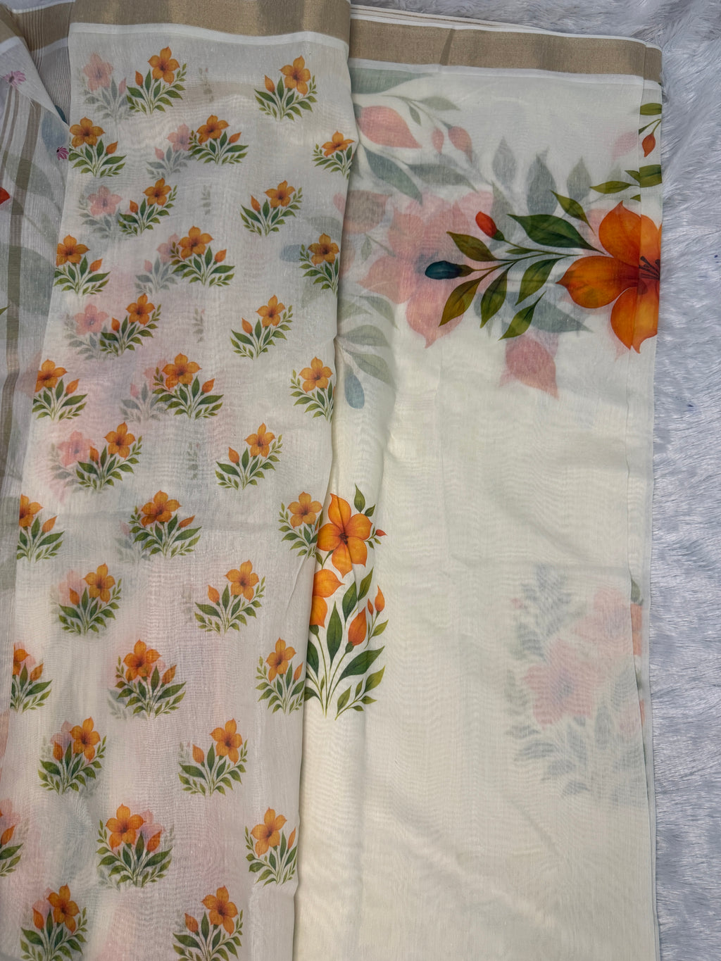 Ivory Mul Chanderi Kerala Saree with Fiery Orange Lily Prints & Golden Kasavu