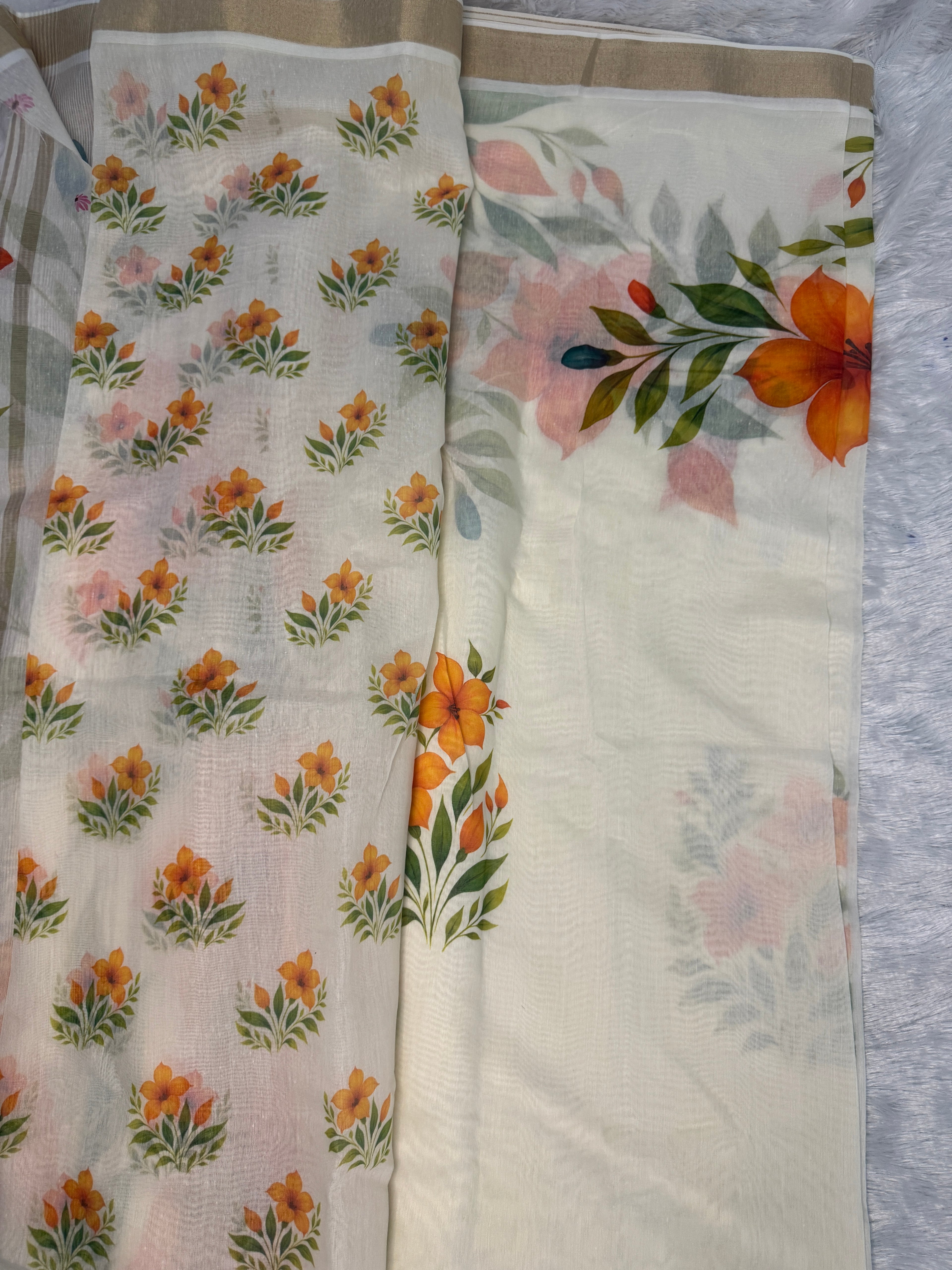 Ivory Mul Chanderi Kerala Saree with Fiery Orange Lily Prints & Golden Kasavu