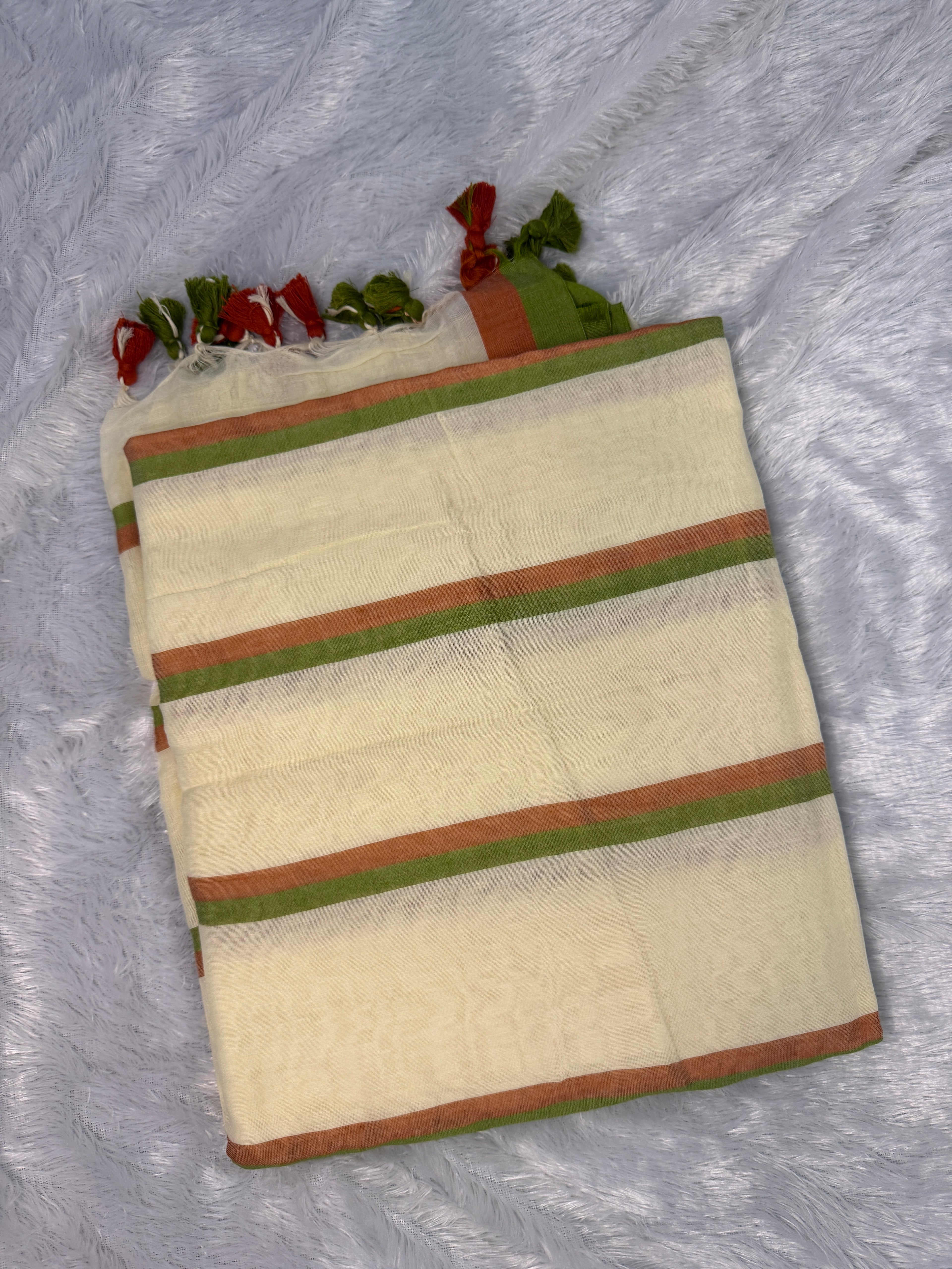 Ivory Cream Mul Cotton Saree with Earthy Terracotta & Moss Green Stripes