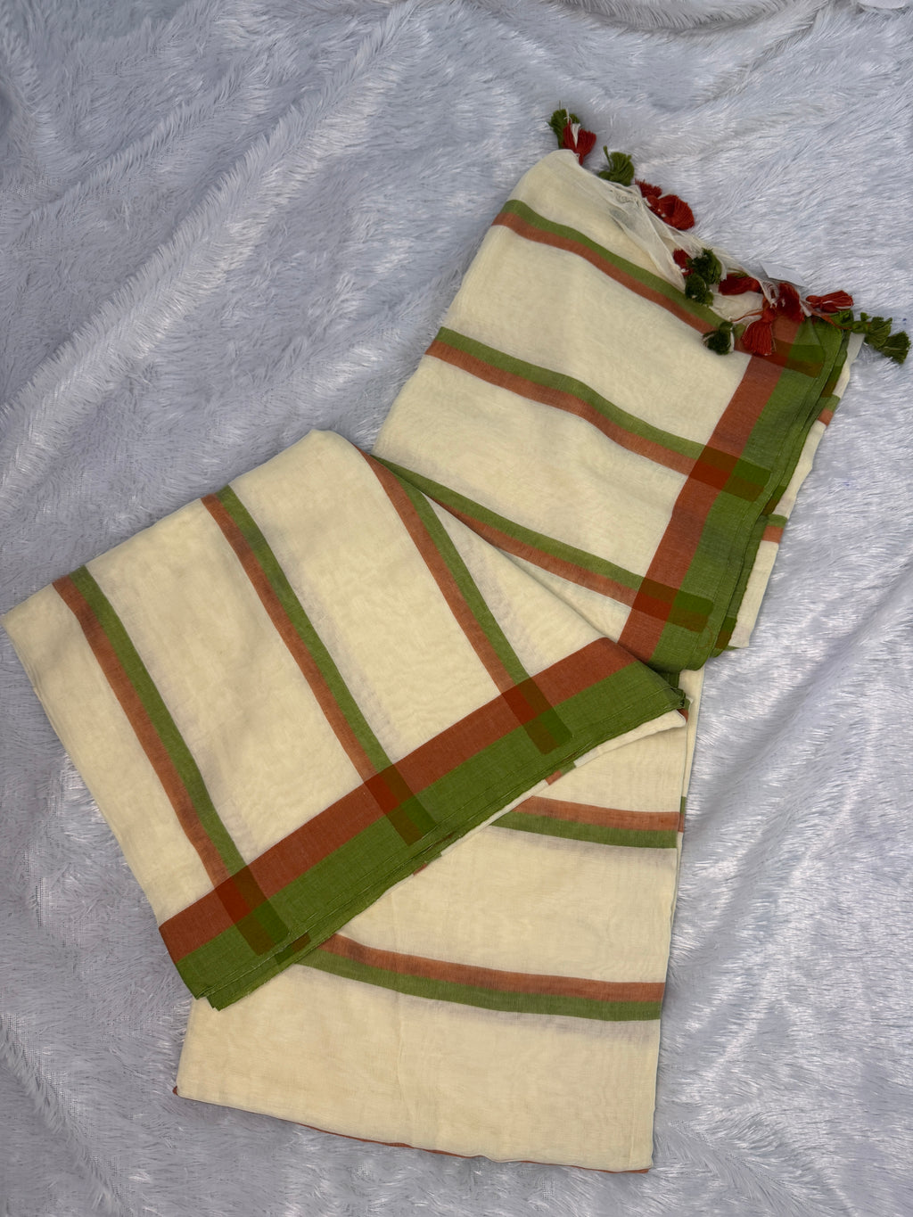 Ivory Cream Mul Cotton Saree with Earthy Terracotta & Moss Green Stripes
