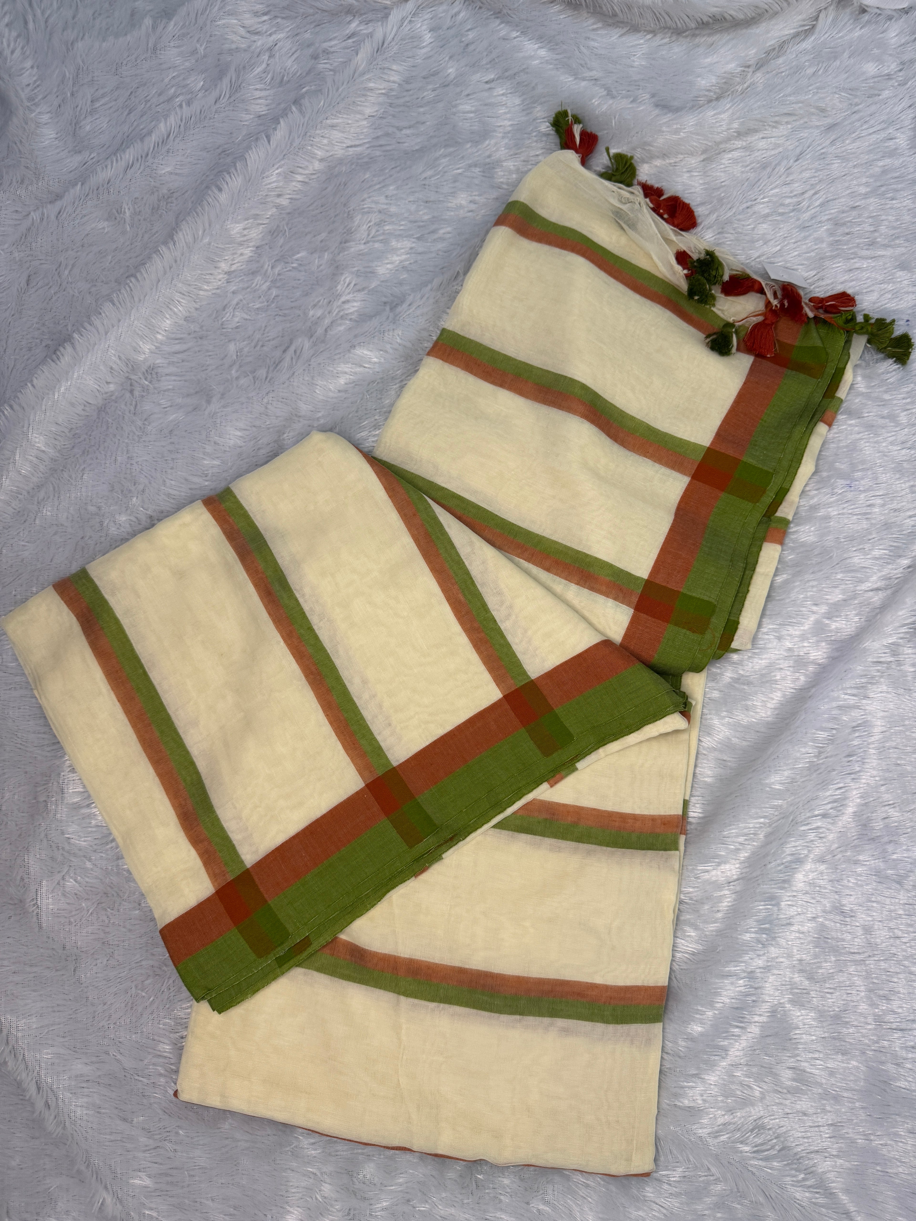 Ivory Cream Mul Cotton Saree with Earthy Terracotta & Moss Green Stripes