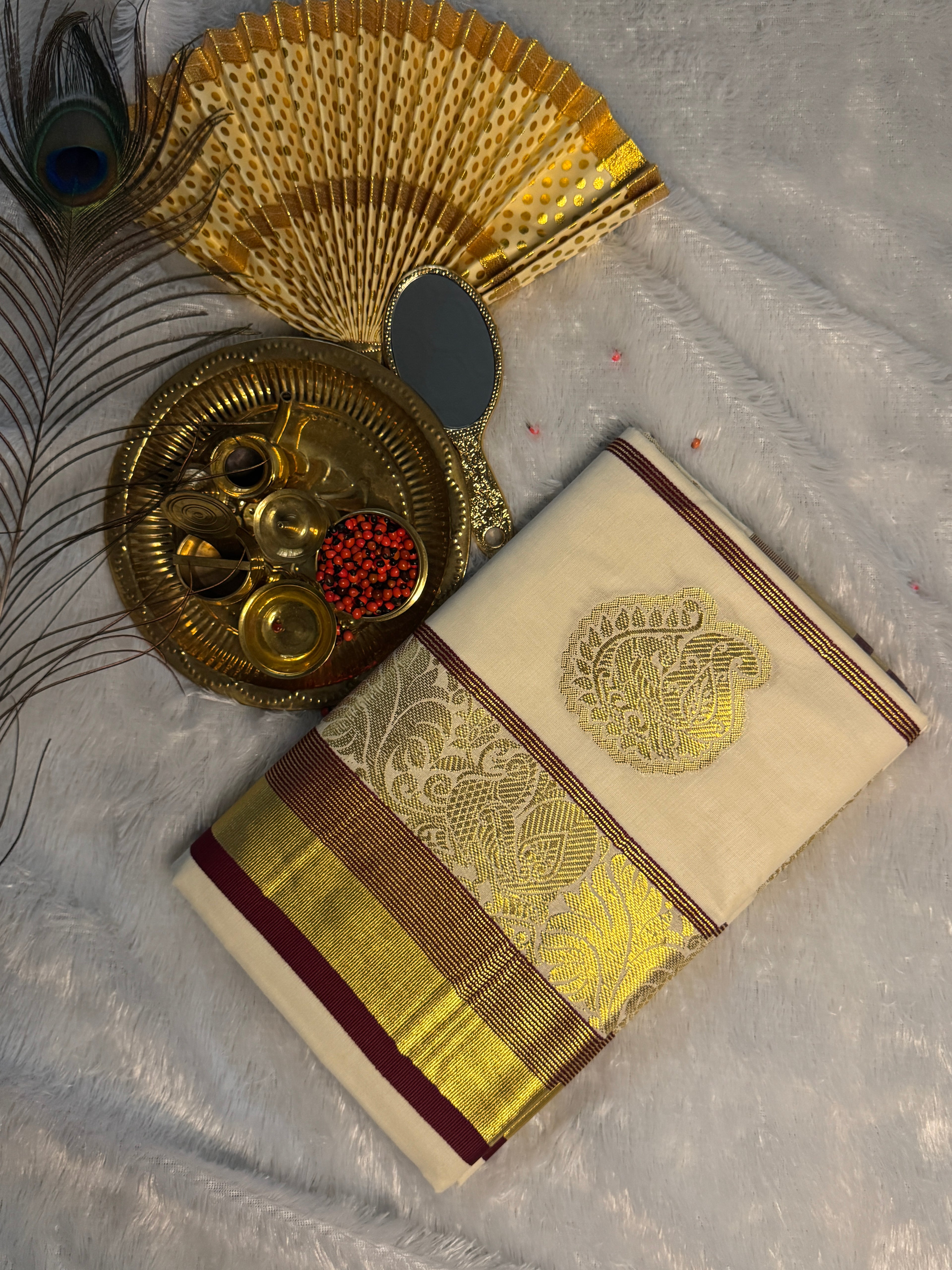Ivory Cotton Kerala Saree with Heavily Woven Gold Peacock Medallions & Contrast Piping