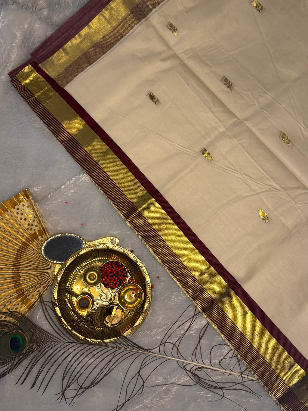 Ivory Cotton Kerala Saree with Heavily Woven Gold Peacock Medallions & Contrast Piping
