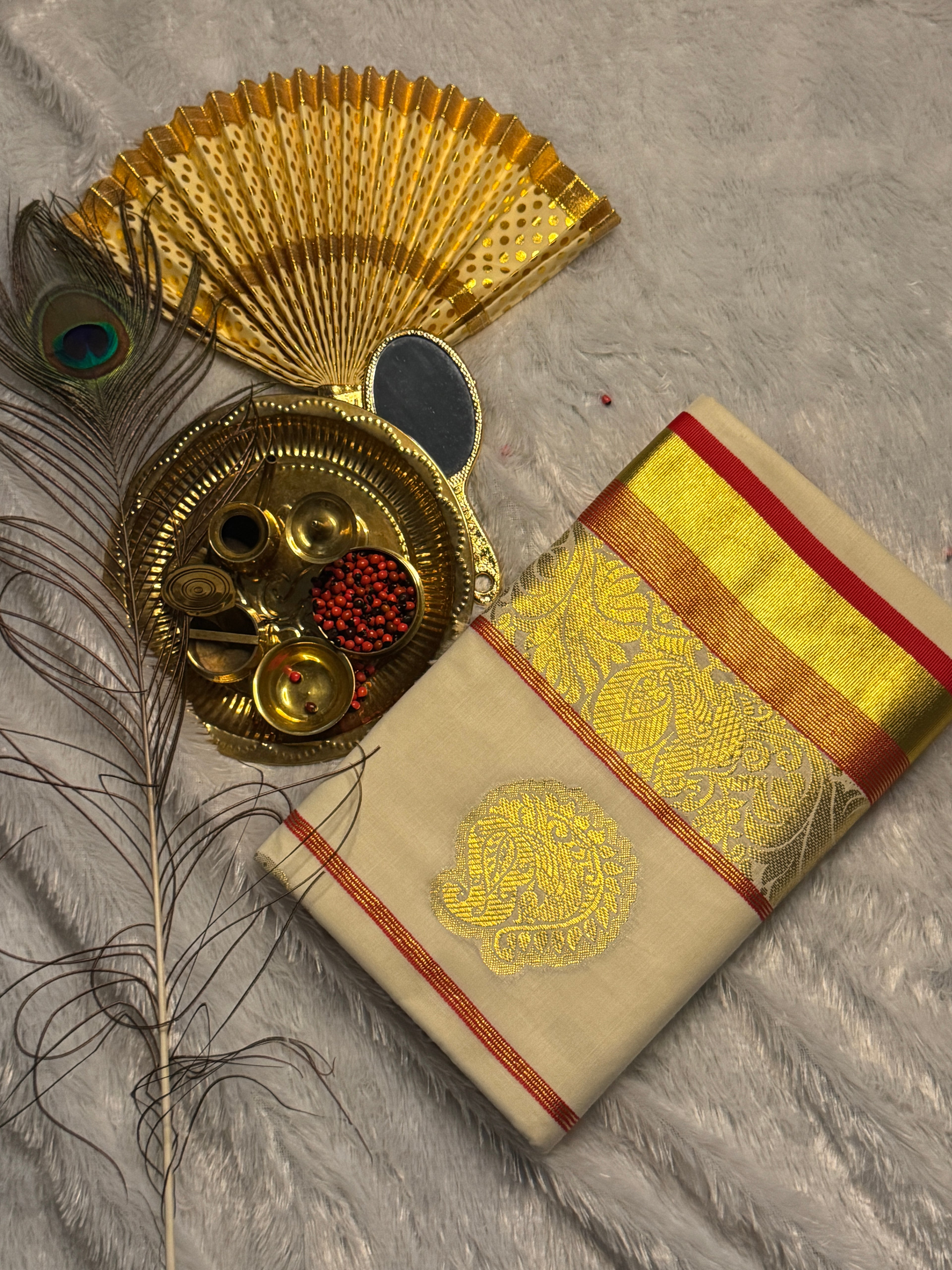 Ivory Cotton Kerala Saree with Heavily Woven Gold Peacock Medallions & Contrast Piping