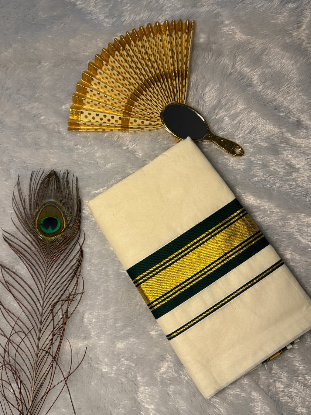 Premium Cotton Kerala Kasavu Saree with Forest Green with Gold Border