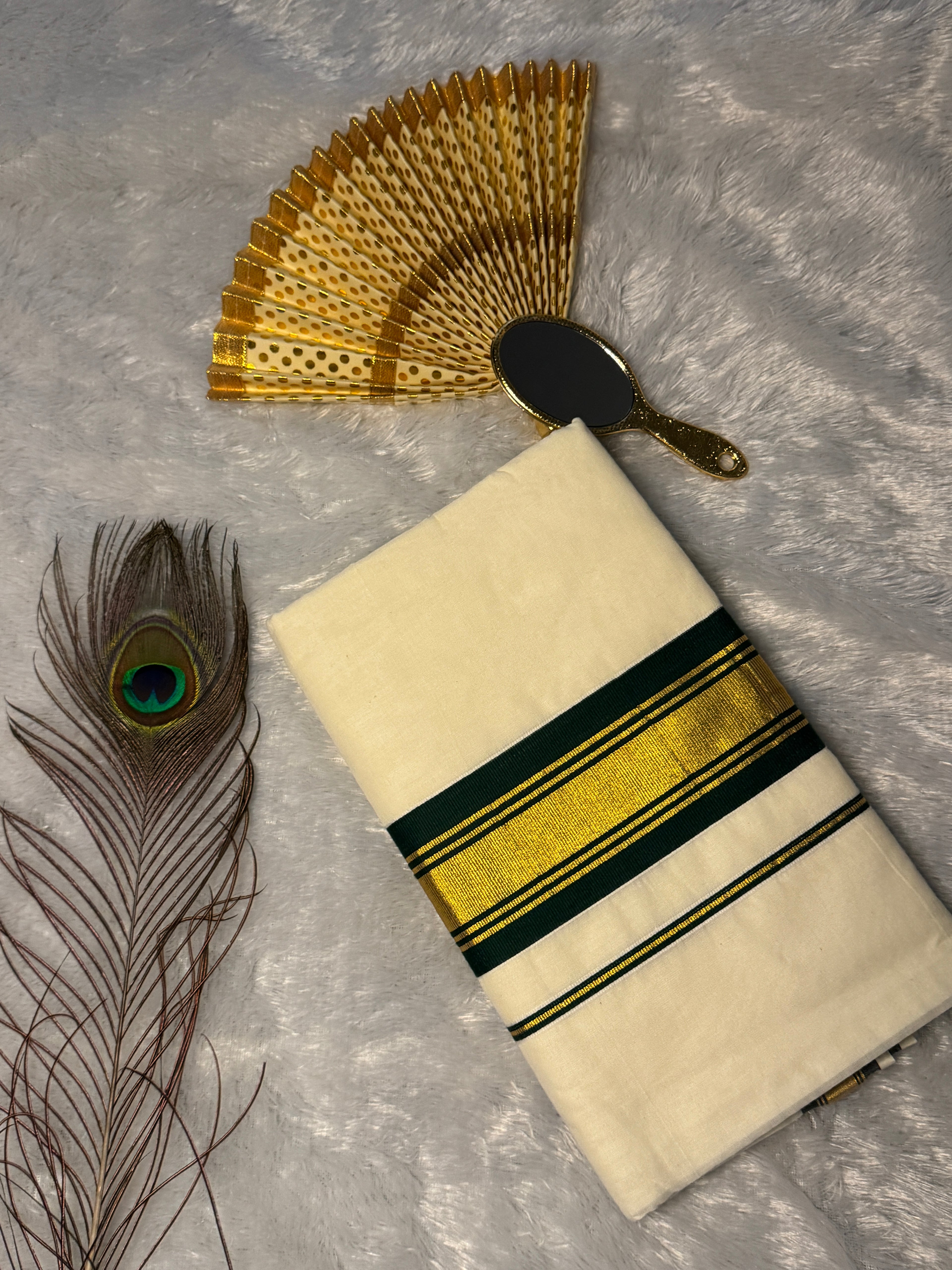 Premium Cotton Kerala Kasavu Saree with Forest Green with Gold Border