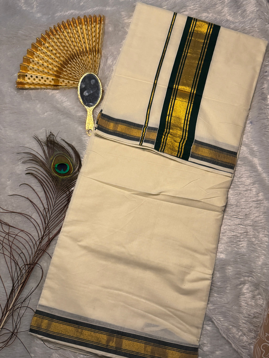 Premium Cotton Kerala Kasavu Saree with Forest Green with Gold Border