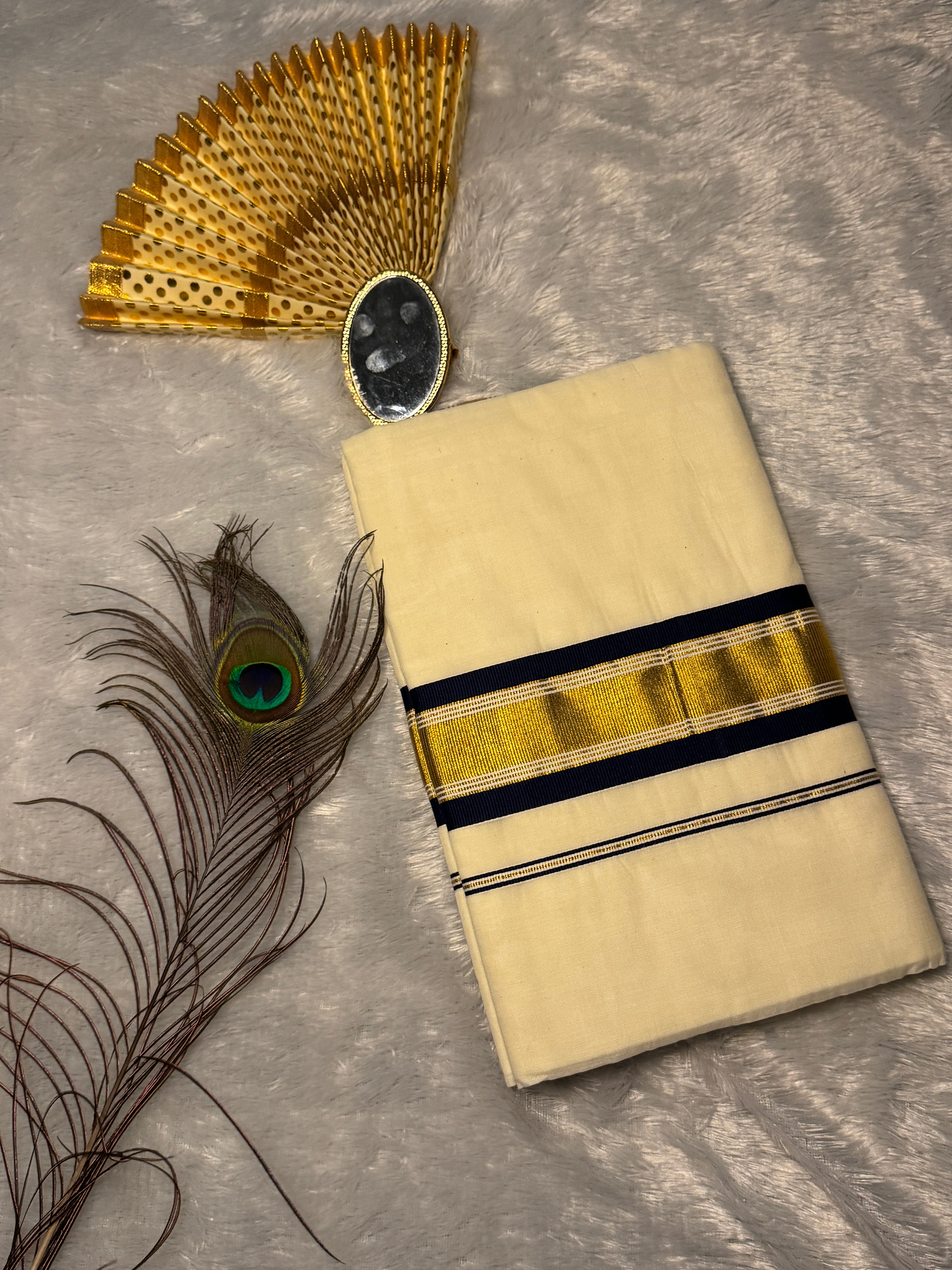 Premium Cotton Kerala Kasavu Saree with Warm Copper/ Midnight Blue & Gold Border
