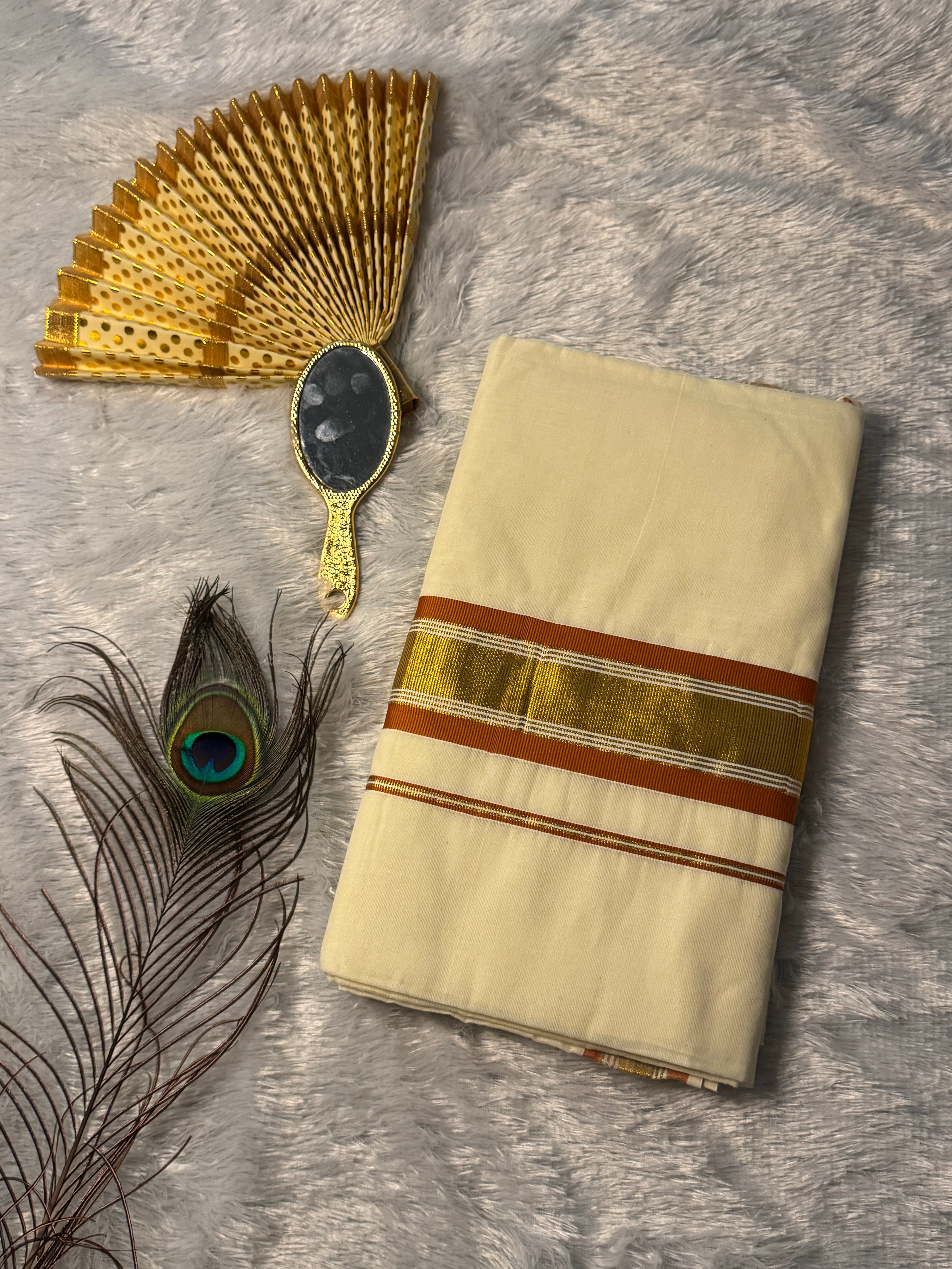 Premium Cotton Kerala Kasavu Saree with Warm Copper/ Midnight Blue & Gold Border